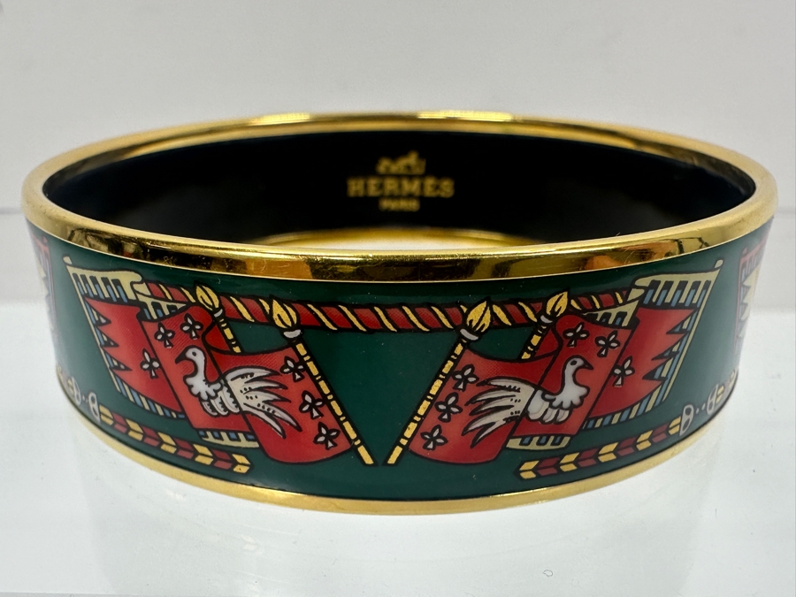 Authentic Hermes Paris Etendards Et Bannieres Enamel Bangle Bracelet Made In Austria 2.75'W 39.1g [Photo 2]