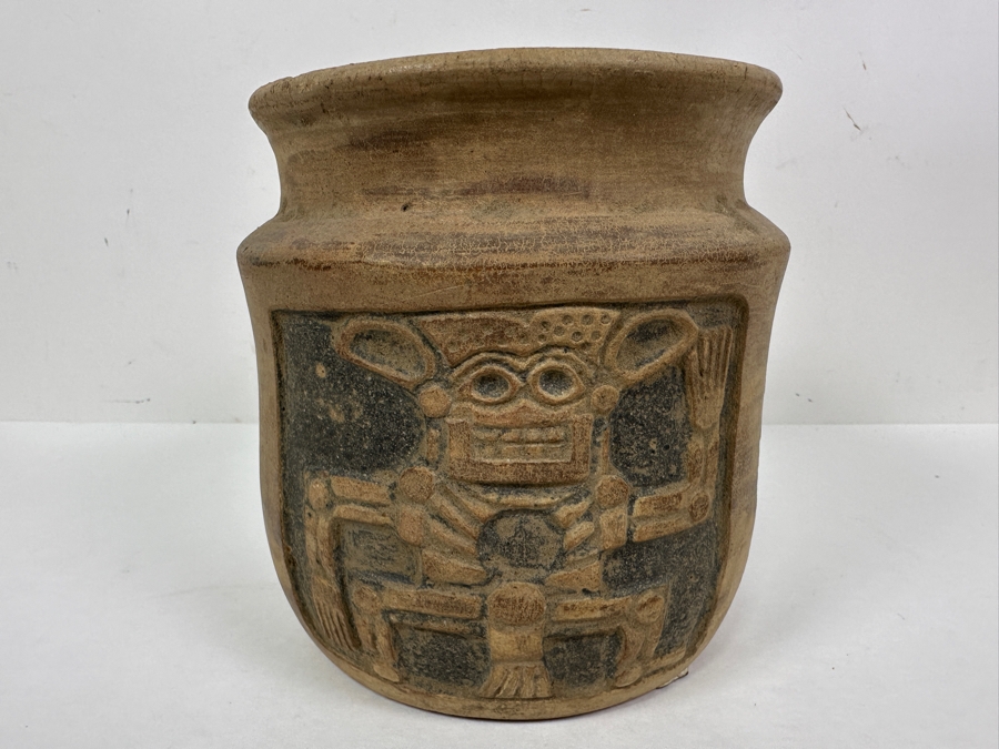 Old Mexican Day Of The Dead Pottery Pot With Chip In Rim 6W X 6.25H [Photo 12]