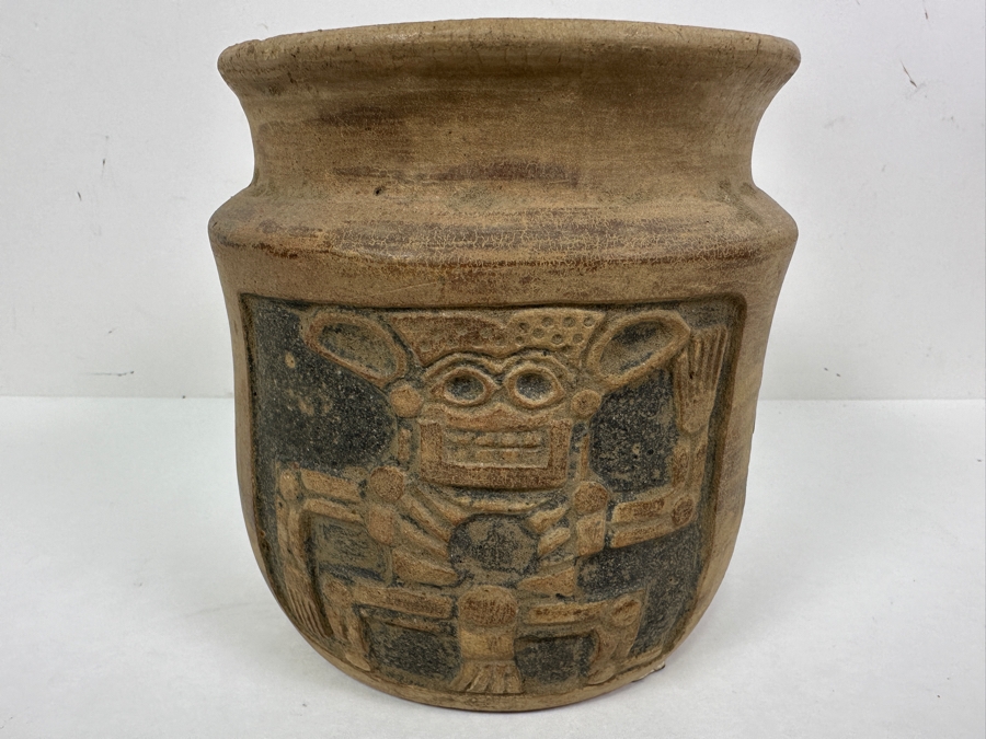 Old Mexican Day Of The Dead Pottery Pot With Chip In Rim 6W X 6.25H [Photo 2]