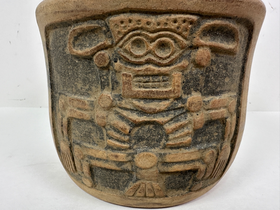 Old Mexican Day Of The Dead Pottery Pot With Chip In Rim 6W X 6.25H [Photo 9]