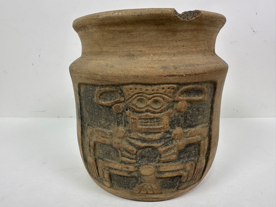 Old Mexican Day Of The Dead Pottery Pot With Chip In Rim 6W X 6.25H [Photo 8]