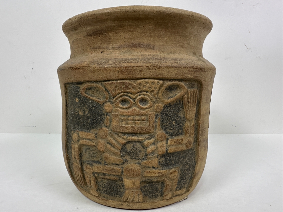 Old Mexican Day Of The Dead Pottery Pot With Chip In Rim 6W X 6.25H [Photo 4]