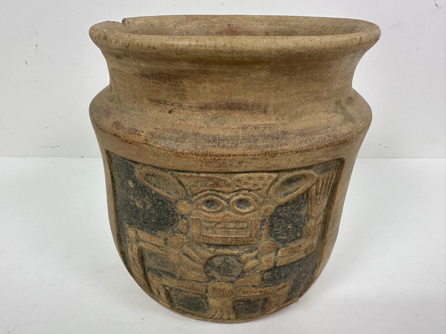 Old Mexican Day Of The Dead Pottery Pot With Chip In Rim 6W X 6.25H [Photo 3]