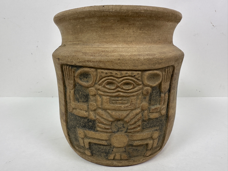 Old Mexican Day Of The Dead Pottery Pot With Chip In Rim 6W X 6.25H [Photo 6]