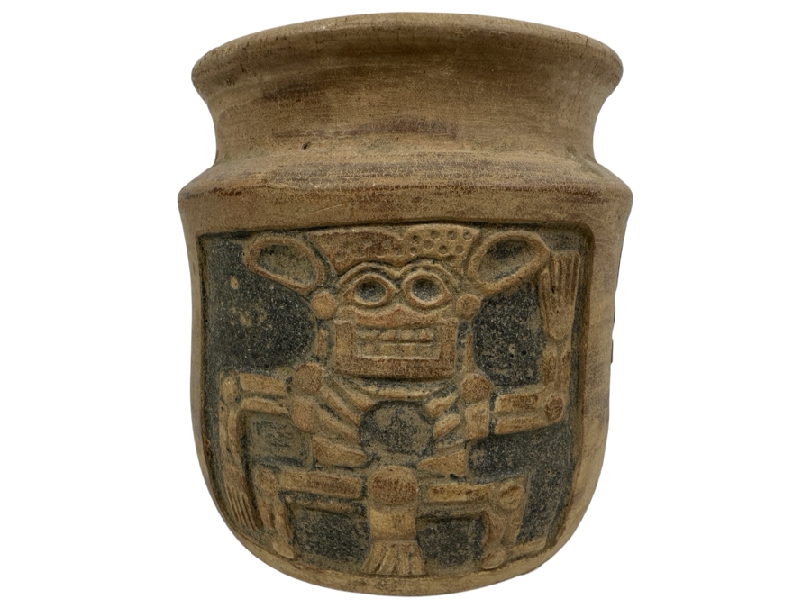 Old Mexican Day Of The Dead Pottery Pot With Chip In Rim 6W X 6.25H [Photo 1]