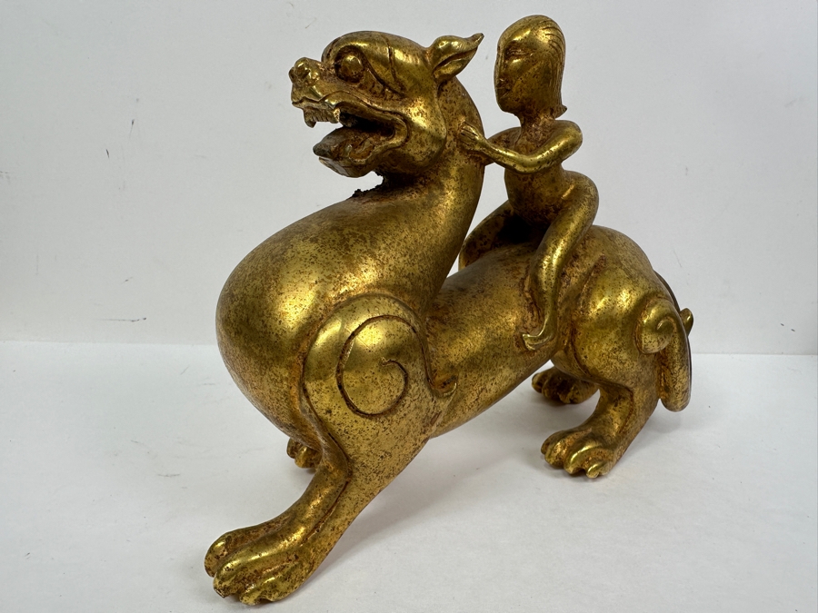 Chinese Gilt Metal Sculpture Of Woman Riding Dragon 1,756g 9W X 6H [Photo 3]