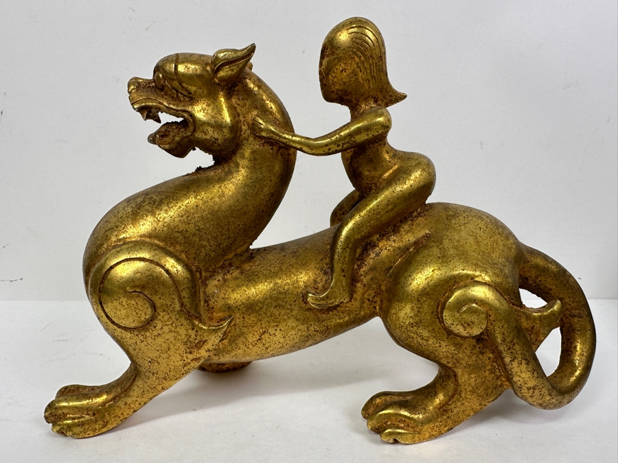 Chinese Gilt Metal Sculpture Of Woman Riding Dragon 1,756g 9W X 6H [Photo 2]