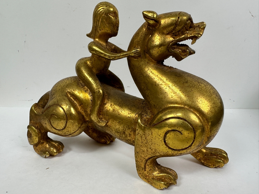 Chinese Gilt Metal Sculpture Of Woman Riding Dragon 1,756g 9W X 6H [Photo 7]