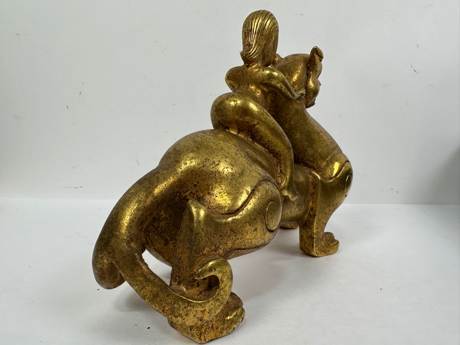 Chinese Gilt Metal Sculpture Of Woman Riding Dragon 1,756g 9W X 6H [Photo 9]