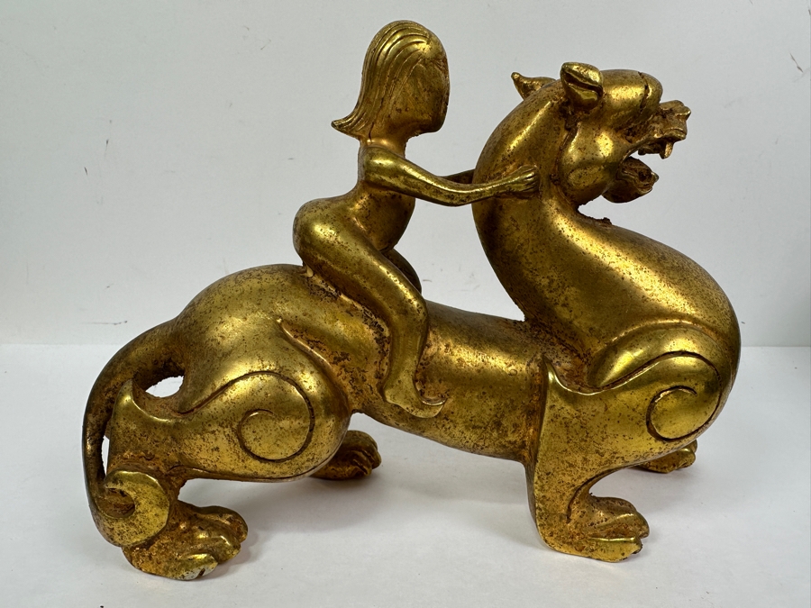 Chinese Gilt Metal Sculpture Of Woman Riding Dragon 1,756g 9W X 6H [Photo 8]