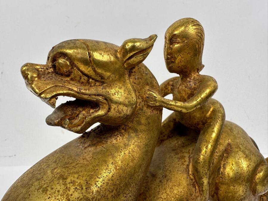 Chinese Gilt Metal Sculpture Of Woman Riding Dragon 1,756g 9W X 6H [Photo 4]
