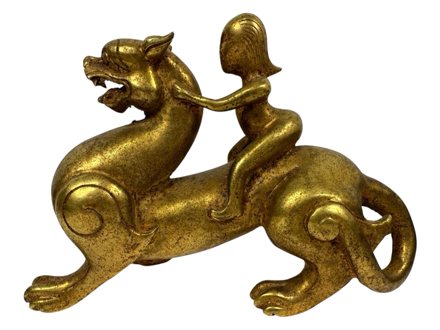 Chinese Gilt Metal Sculpture Of Woman Riding Dragon 1,756g 9W X 6H