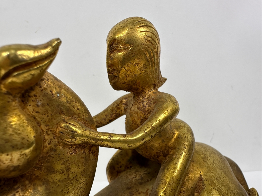 Chinese Gilt Metal Sculpture Of Woman Riding Dragon 1,756g 9W X 6H [Photo 5]