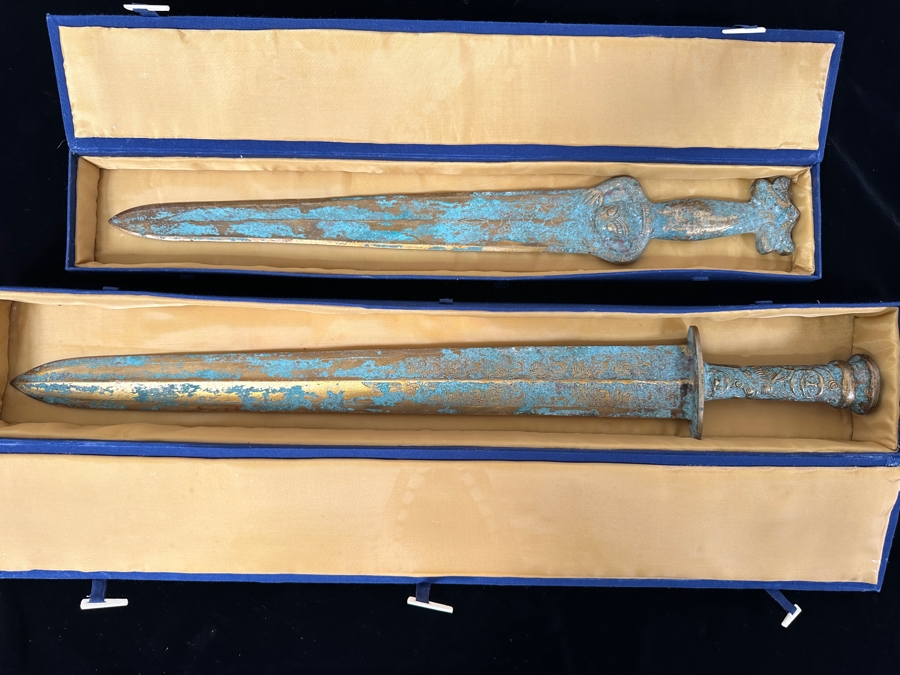 Pair Of Chinese Reproduction Gilt Metal Swords In Presentation Boxes 25'L & 20'L [Photo 1]