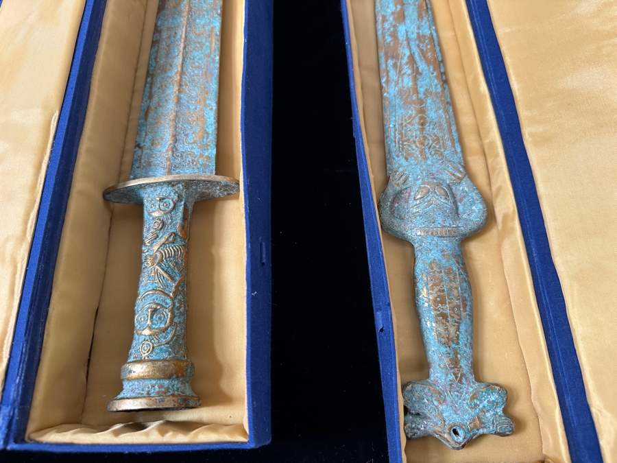 Pair Of Chinese Reproduction Gilt Metal Swords In Presentation Boxes 25'L & 20'L [Photo 13]