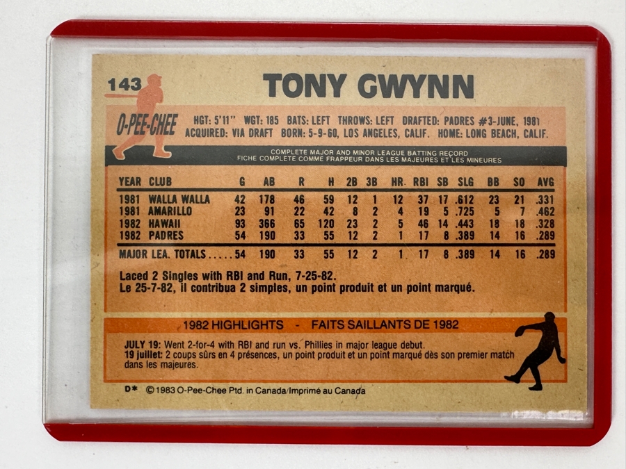 1983 Tony Gwynn (HOF) San Diego Padres O-PEE-CHEE Rookie Baseball Card [Photo 7]