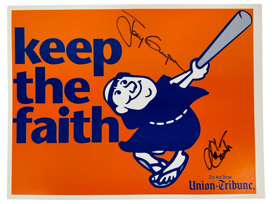 Tony Gwynn & Ken Caminiti Autographed Keep The Faith Padres Sign The San Diego Union Tribune With Jack In The Box Ad On Back 1996 14 X 10 - LAST ONE [Photo 1]