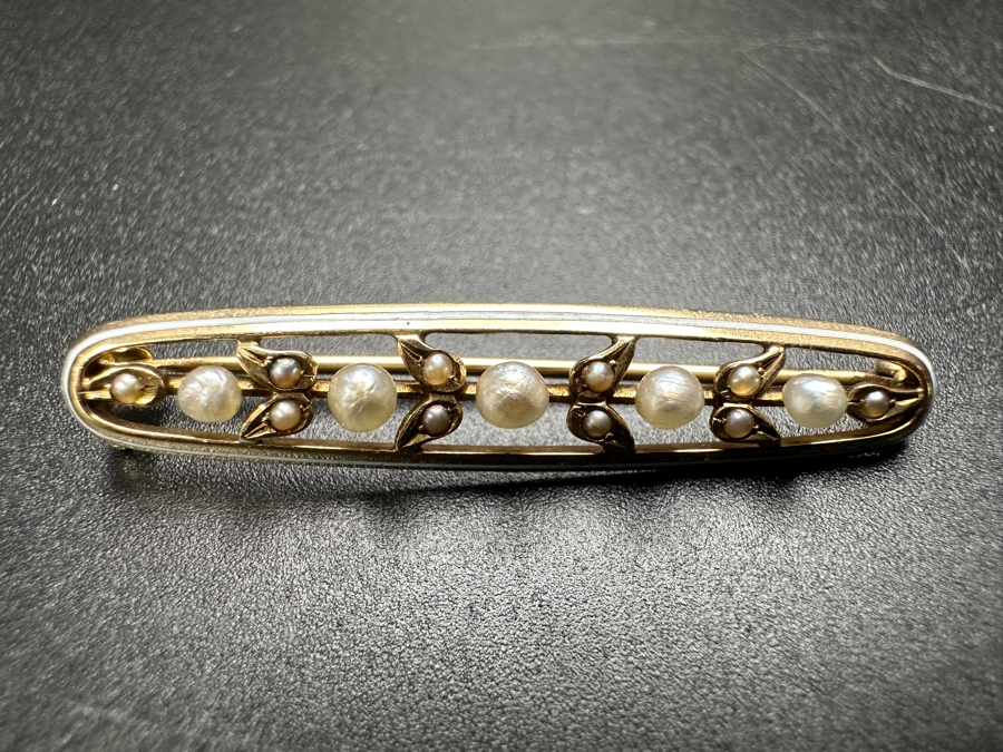 Vintage 14k Gold Brooch Pin Set With (5) 2.25-2.5mm Seed Pearls & (10) 1mm Seed Pearls 2.6g Retails $700 [Photo 2]