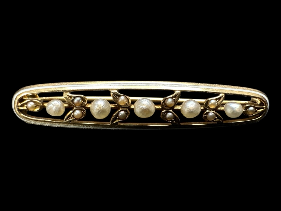 Vintage 14k Gold Brooch Pin Set With (5) 2.25-2.5mm Seed Pearls & (10) 1mm Seed Pearls 2.6g Retails $700