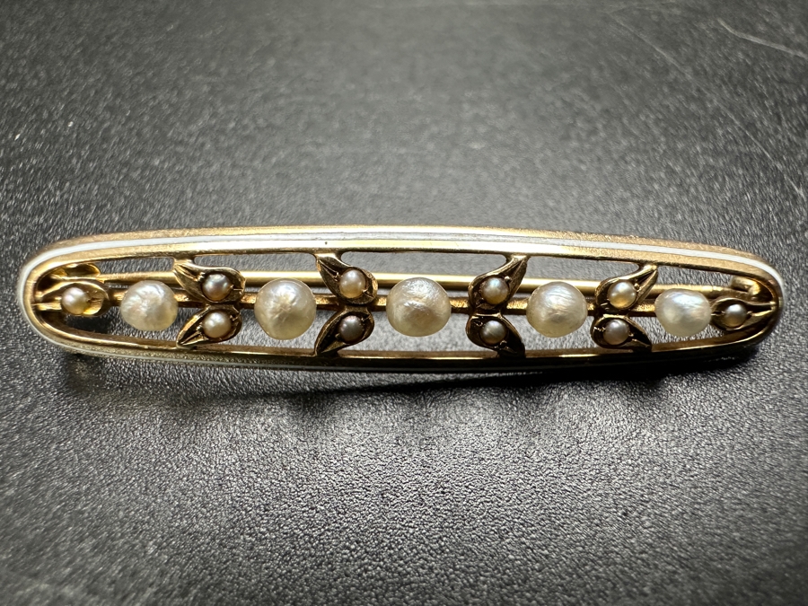 Vintage 14k Gold Brooch Pin Set With (5) 2.25-2.5mm Seed Pearls & (10) 1mm Seed Pearls 2.6g Retails $700 [Photo 3]