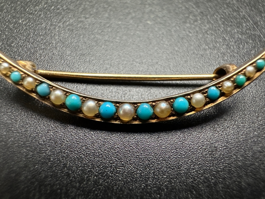 Vintage 14k Gold Brooch Pin Set With (12) Cabochon Turquoise & (13) Seed Pearls 2.7g Retails $700 [Photo 3]