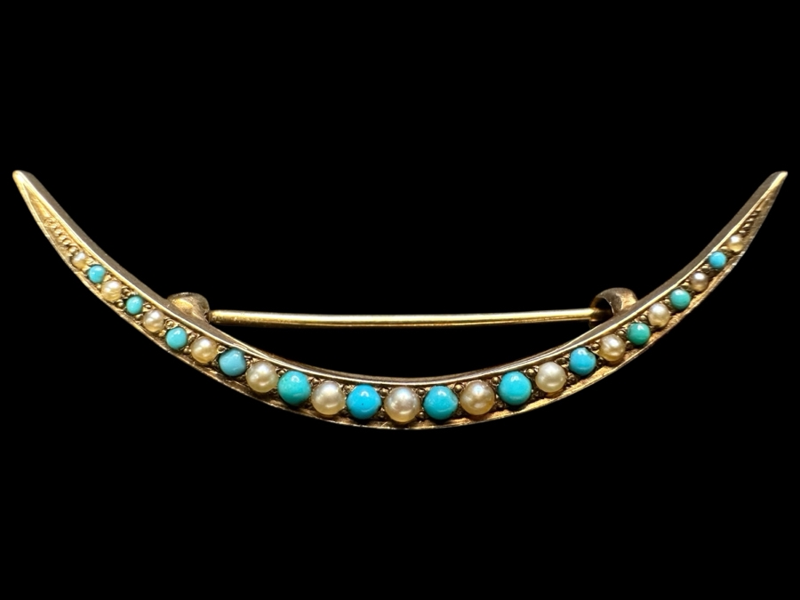 Vintage 14k Gold Brooch Pin Set With (12) Cabochon Turquoise & (13) Seed Pearls 2.7g Retails $700