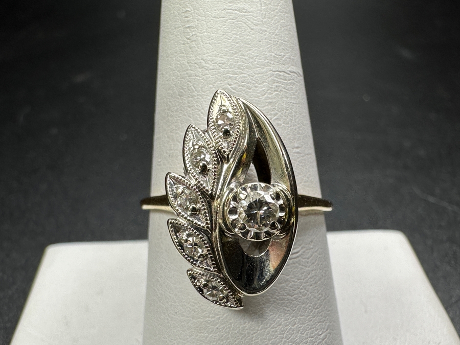 14k Gold Diamond Ring Set With 3.1mm Round Brilliant Diamond & (5) 1.4mm Single Cut Diamonds Est. .2cttw Size 9.25 4.1g Retails $1,000 [Photo 3]