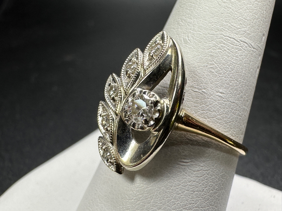 14k Gold Diamond Ring Set With 3.1mm Round Brilliant Diamond & (5) 1.4mm Single Cut Diamonds Est. .2cttw Size 9.25 4.1g Retails $1,000 [Photo 8]