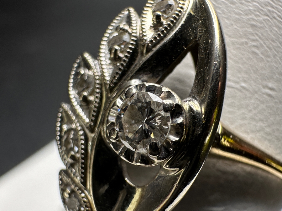 14k Gold Diamond Ring Set With 3.1mm Round Brilliant Diamond & (5) 1.4mm Single Cut Diamonds Est. .2cttw Size 9.25 4.1g Retails $1,000 [Photo 9]