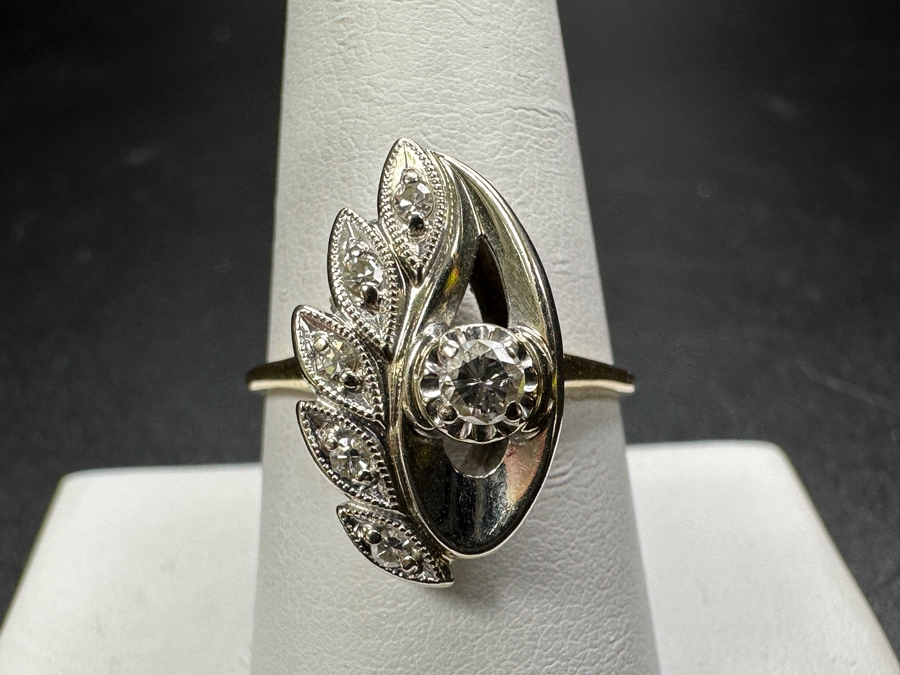 14k Gold Diamond Ring Set With 3.1mm Round Brilliant Diamond & (5) 1.4mm Single Cut Diamonds Est. .2cttw Size 9.25 4.1g Retails $1,000 [Photo 2]