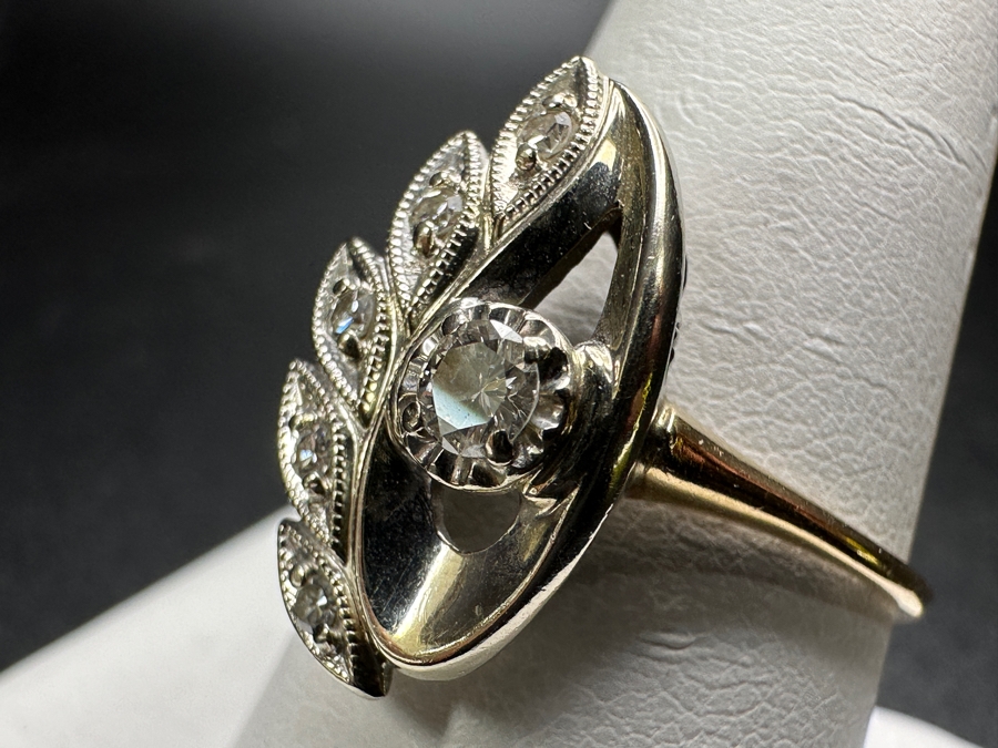 14k Gold Diamond Ring Set With 3.1mm Round Brilliant Diamond & (5) 1.4mm Single Cut Diamonds Est. .2cttw Size 9.25 4.1g Retails $1,000 [Photo 10]