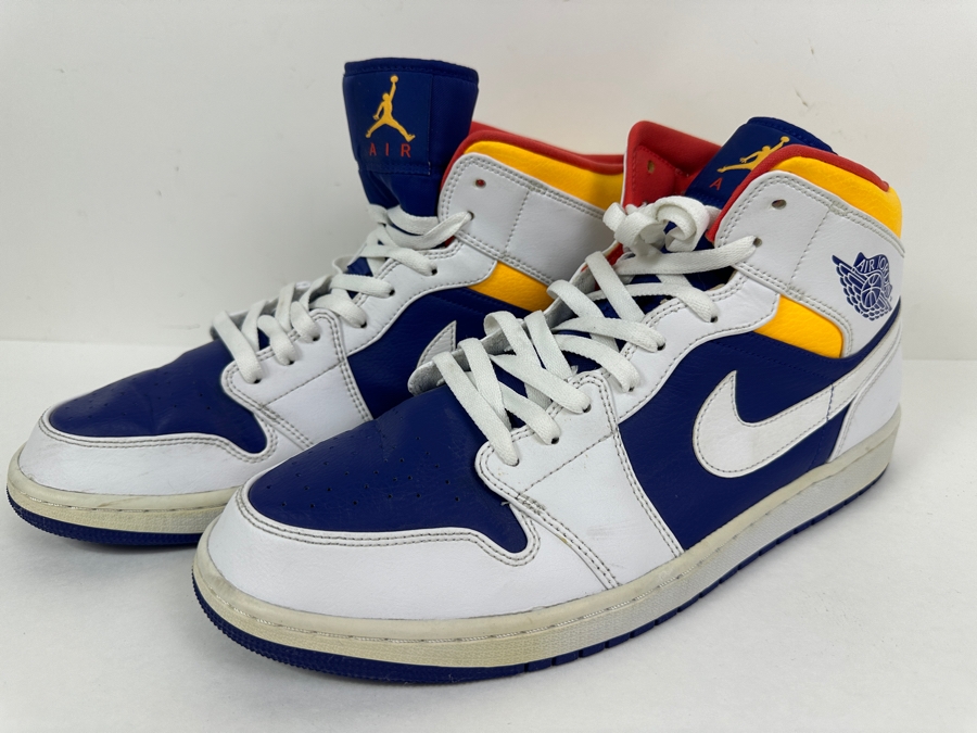 Just Added - Men's Size 14 Nike Air Jordan 1 Mid GS White & Blue Leather [Photo 2]
