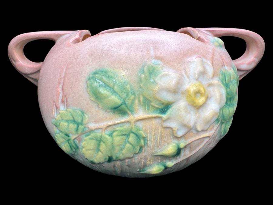 Vintage 1940s Roseville White Rose Pink Pottery 387-4 8' x 4' [Photo 1]