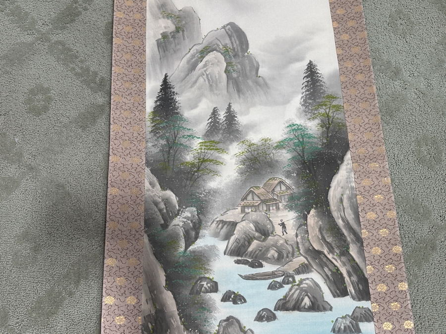 Vintage Japanese Landscape Mountain Silk Scroll Painting Kakejiku Painting Area Is 16W X 41H [Photo 3]