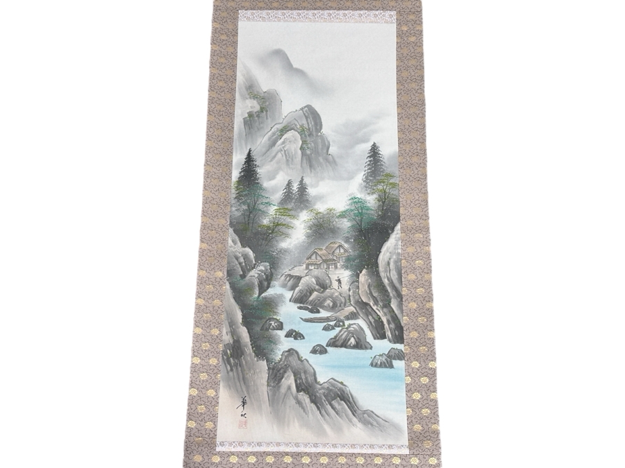 Vintage Japanese Landscape Mountain Silk Scroll Painting Kakejiku Painting Area Is 16W X 41H