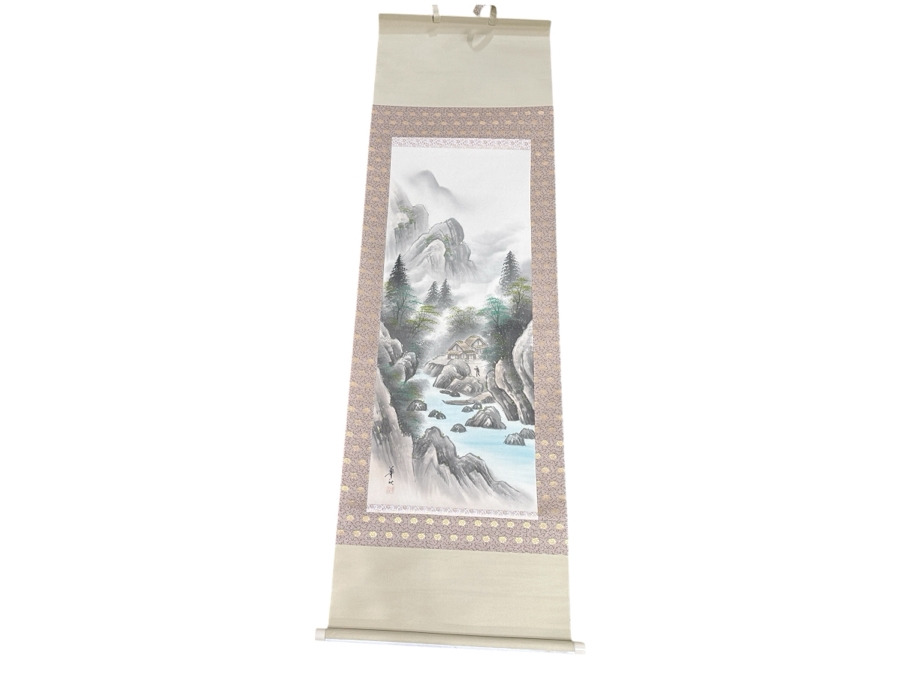 Vintage Japanese Landscape Mountain Silk Scroll Painting Kakejiku Painting Area Is 16W X 41H [Photo 2]