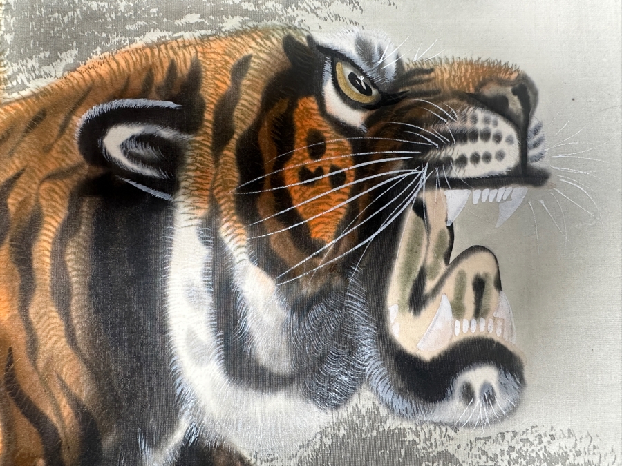 Vintage Japanese Tiger Silk Scroll Painting Kakejiku Painting Area Is 16W X 41H [Photo 5]