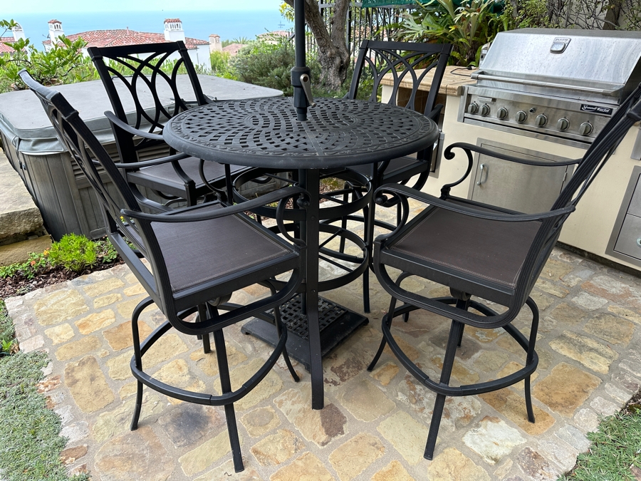 Outdoor Bar Patio Set with OutDura Umbrella 42'R Table And (4) Swivel Barstool Chairs 30' Seat Height / 50'H [Photo 7]