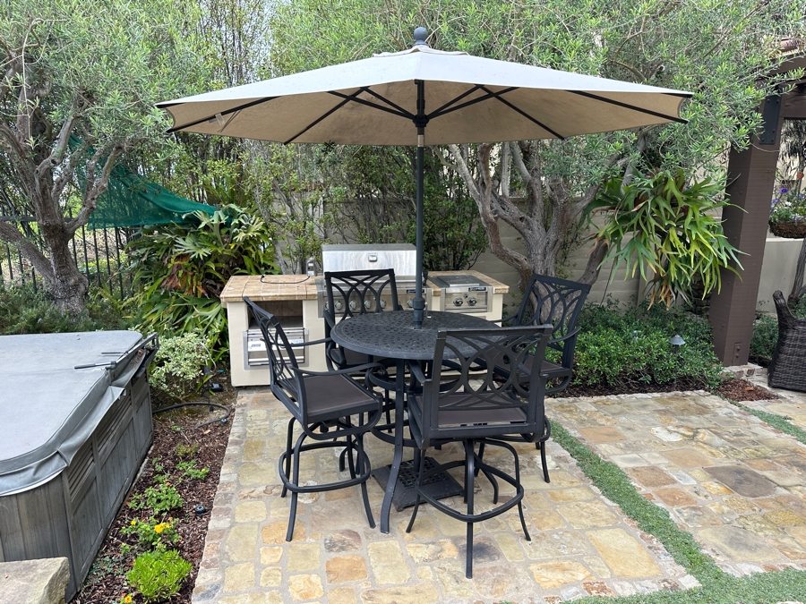 Outdoor Bar Patio Set with OutDura Umbrella 42'R Table And (4) Swivel Barstool Chairs 30' Seat Height / 50'H [Photo 3]