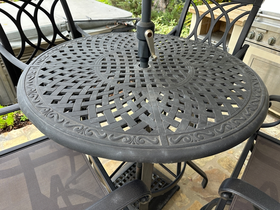 Outdoor Bar Patio Set with OutDura Umbrella 42'R Table And (4) Swivel Barstool Chairs 30' Seat Height / 50'H [Photo 8]