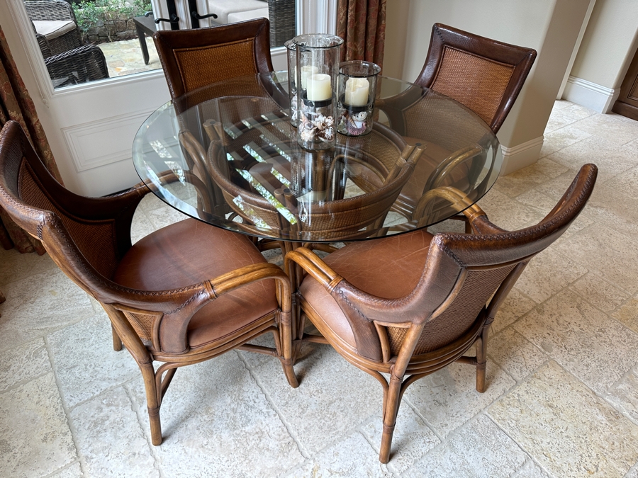 Tropical Rattan And Leather Round Glass Top 48'R Table With Four Armchairs [Photo 3]