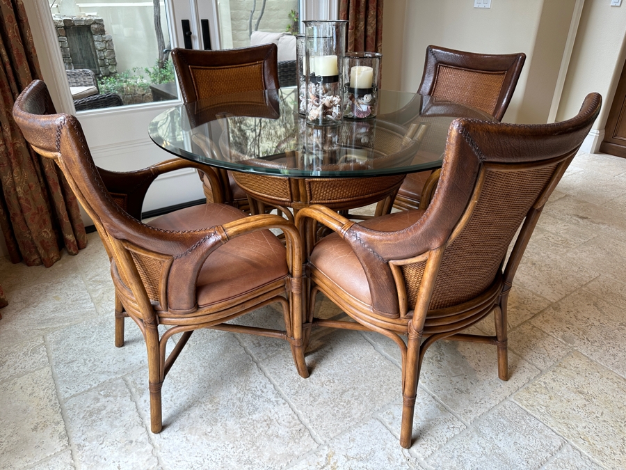 Tropical Rattan And Leather Round Glass Top 48'R Table With Four Armchairs [Photo 2]