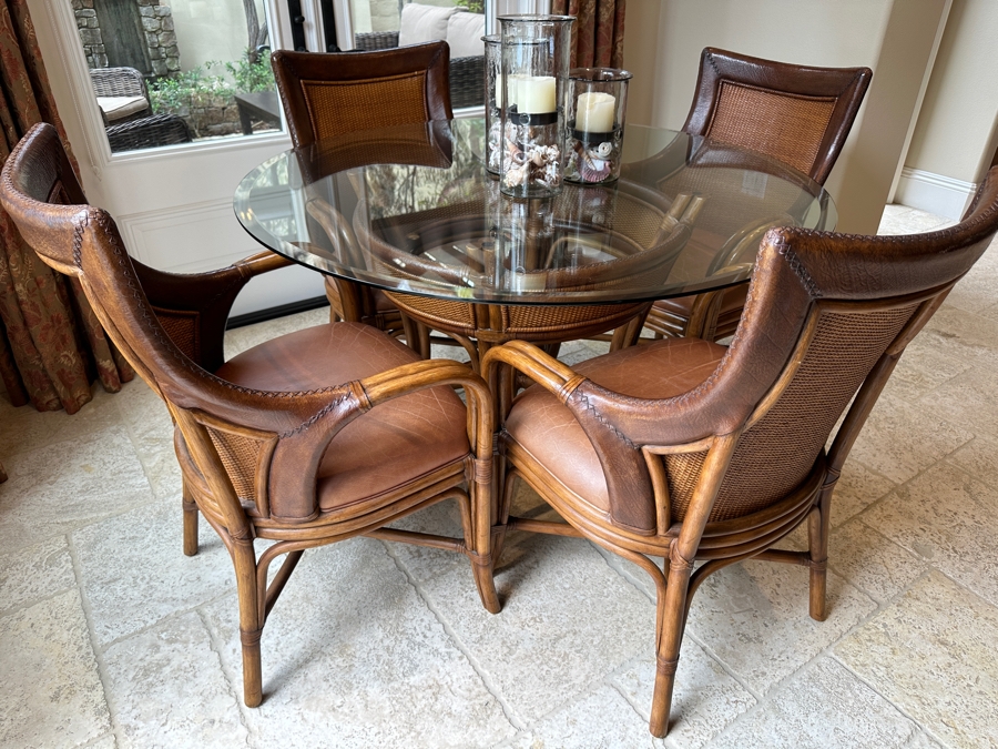 Tropical Rattan And Leather Round Glass Top Table With Four Armchairs [Photo 1]