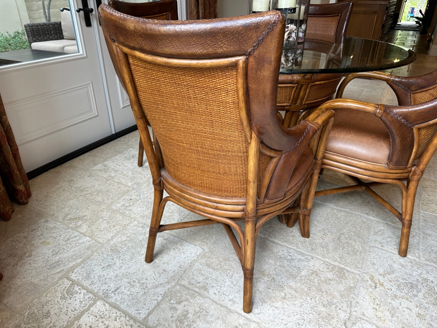 Tropical Rattan And Leather Round Glass Top 48'R Table With Four Armchairs [Photo 5]