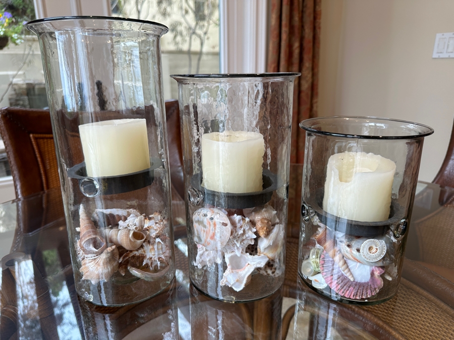 Set of (3) Grandin Road Bogota Round Glass Hurricanes With Organic Seashells 8'H - 12.5'H [Photo 2]