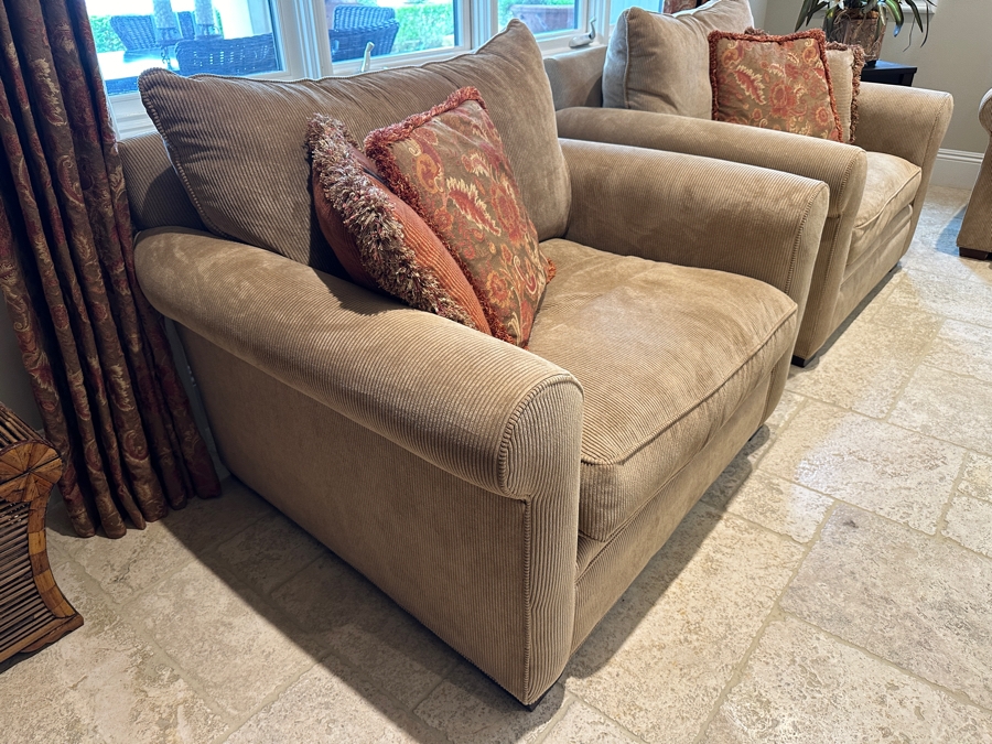 Set of (2) Macy's Modern Concepts Tan Upholstered Arm Chairs 48'W x 43'D x 31'H [Photo 4]