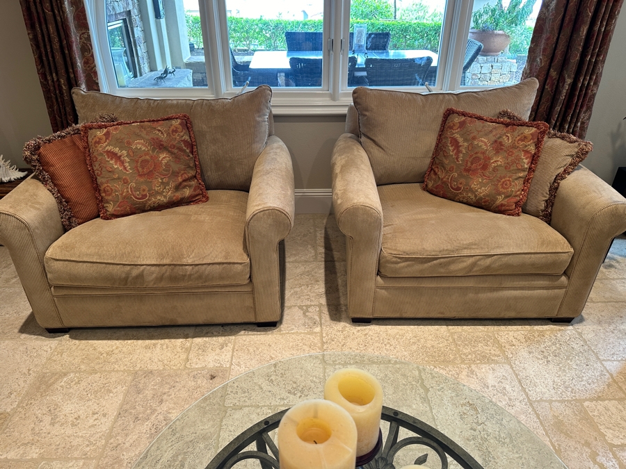 Set of (2) Macy's Modern Concepts Tan Upholstered Arm Chairs 48'W x 43'D x 31'H [Photo 1]