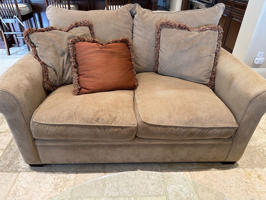 Macy's Modern Concepts Tan Upholstered Sofa Loveseat 65'W x 43'D x 32'H [Photo 1]
