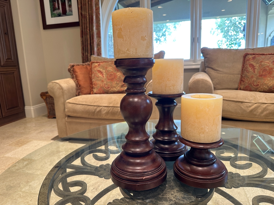 Set of (3) Williams Sonoma Wooden Pillar Candlesticks 4.5'H -13'H with Candles [Photo 2]