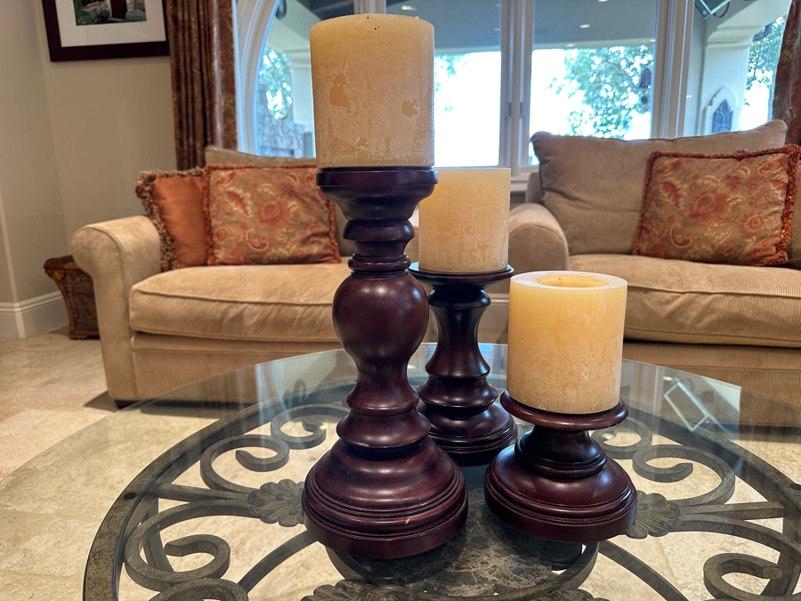 Set of (3) Williams Sonoma Wooden Pillar Candlesticks 4.5'H -13'H with Candles [Photo 1]